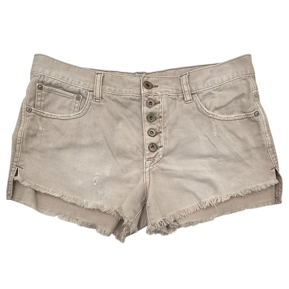 Free People We‎ The Free Beige Distressed Raw Hem Button Fly Denim Shorts 29